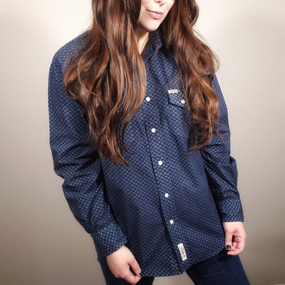 Geo Print Western Pearl Snap Shirt Navy Blue Med